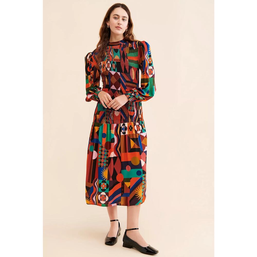 FARM Rio Tropical Shapes Smocked Midi Dress Multi Color Medium - Picture 4 of 11